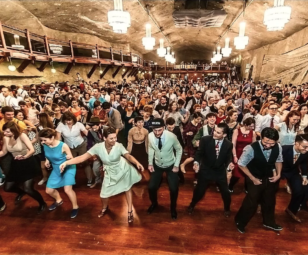 A ballroom full of swing dancers